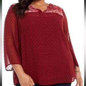 Style & Co Eyelet Red Swiss Dot Velvet Velour Yoke Top Blouse 3X NWT